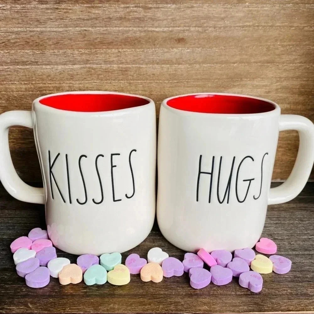 NEW 2 SIDED - HUGS & KISSES - Rae Dunn Coffee Mug/Cup with cute RED Interior